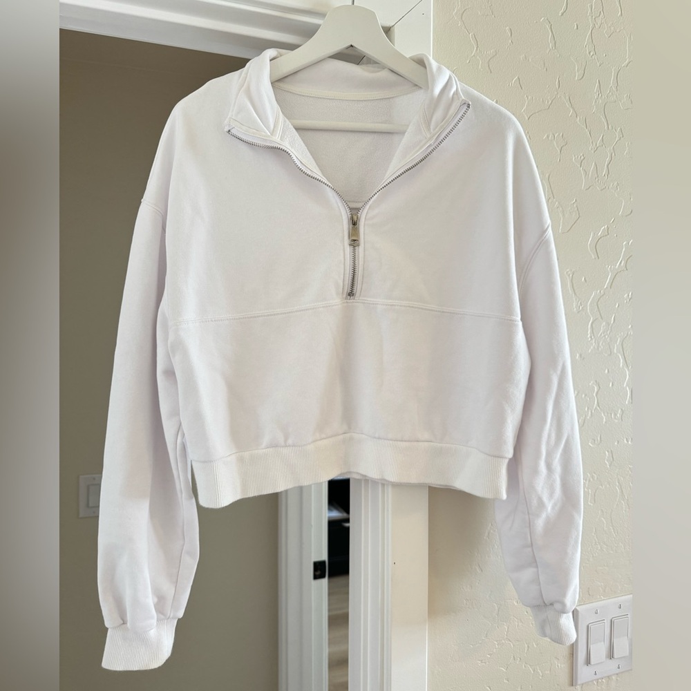 White Cropped Half-Zip Athletic Sweater
